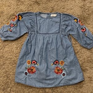 Zara Chambray Denim Dress with Floral Embroidery